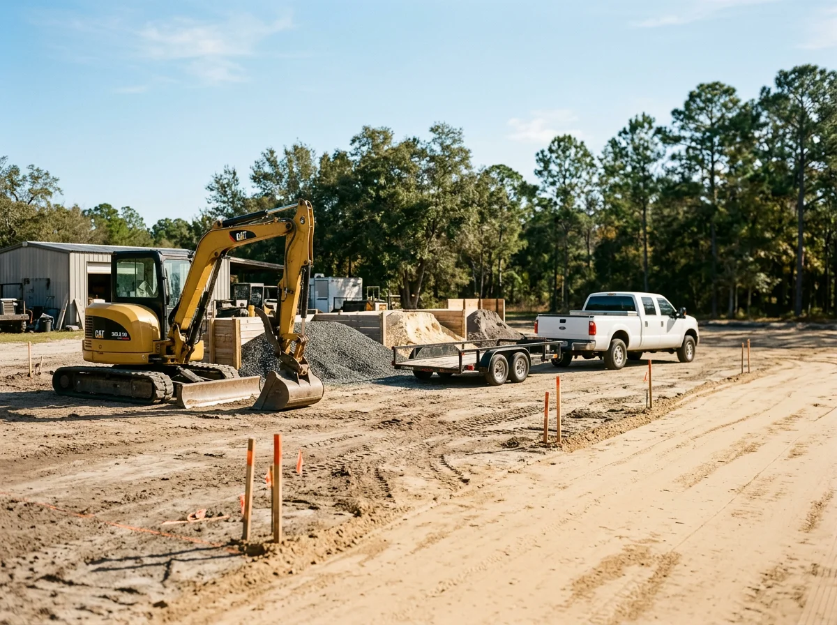Outdoor work site with excavation equipment and cleared land ready for grading preparation.