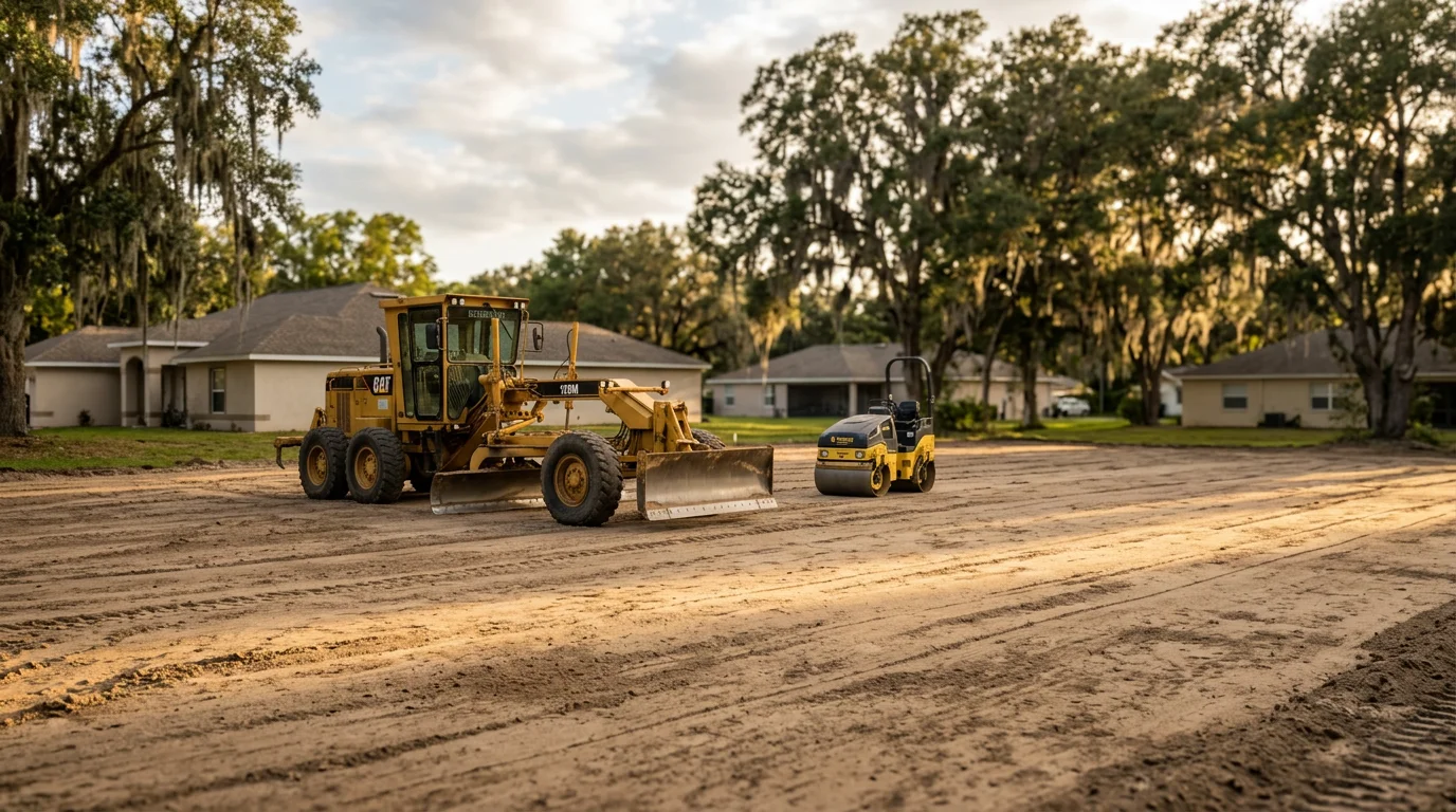 Grading equipment leveling a residential lot in Hernando County