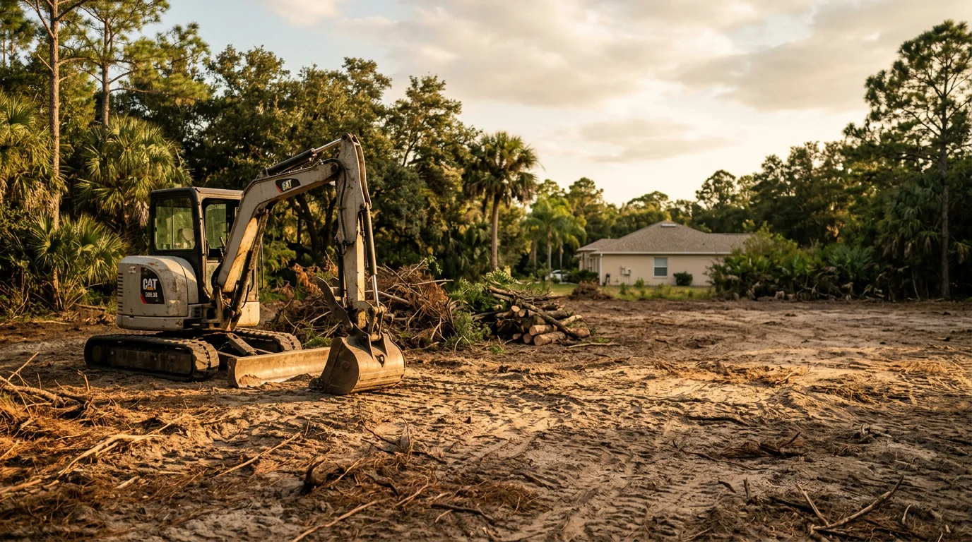 Land clearing equipment removing trees and brush from a residential property