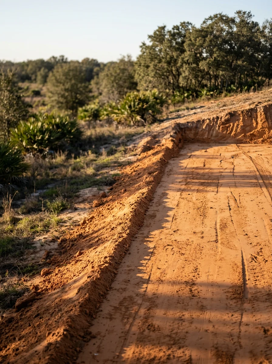 Graded building pad on a Brooksville, FL ridge lot showing the cut-and-fill transition and compacted clay soil surface ready for foundation work.