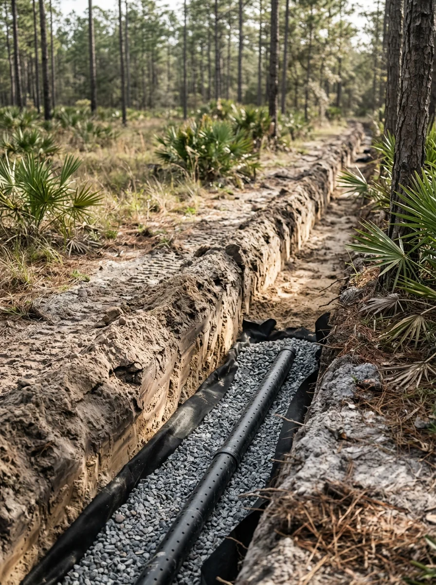 Drainage trench installation in Citrus County flatwoods showing clay layer and water management system