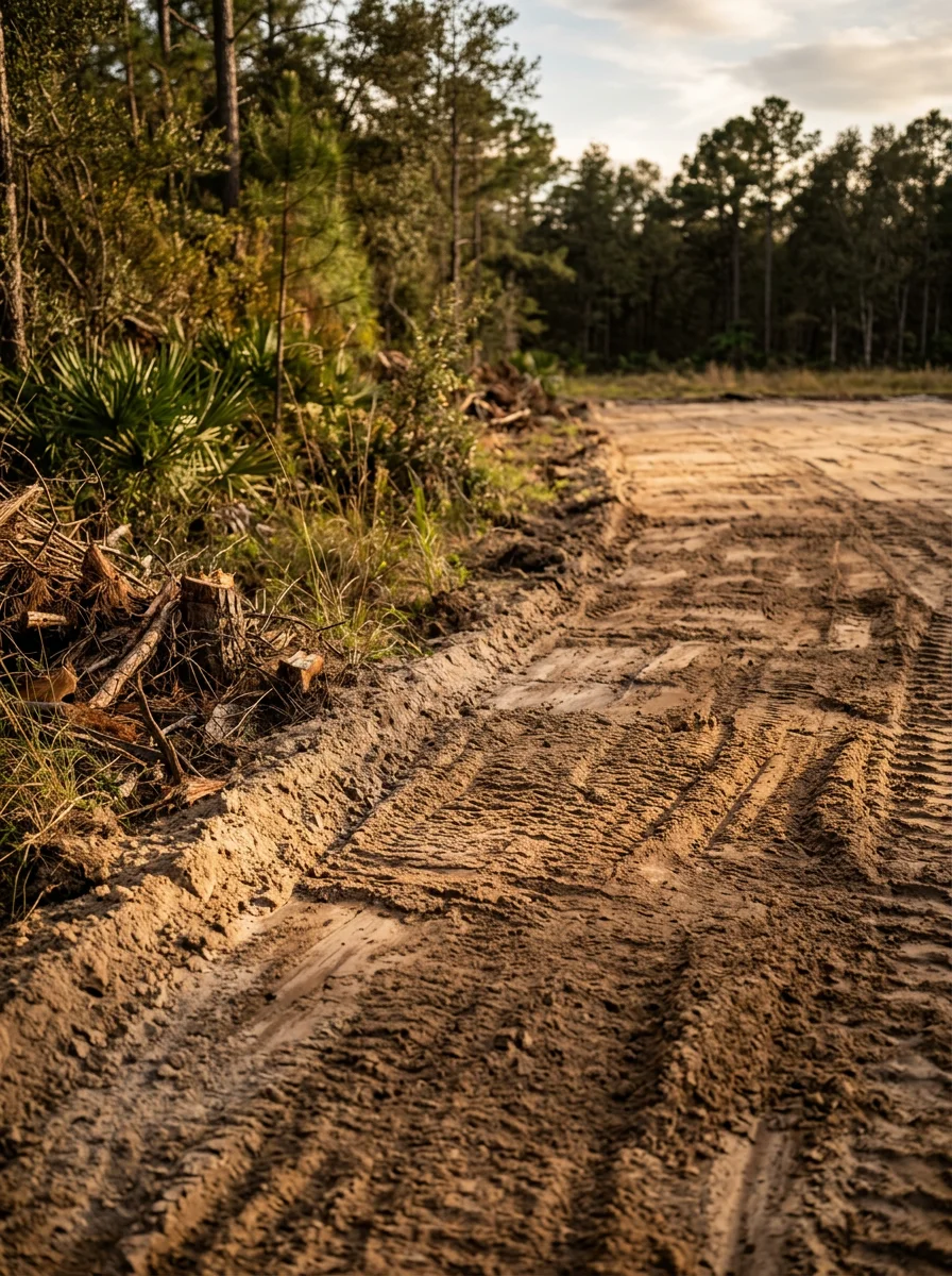 Close-up of a graded building pad on a Hernando County lot showing compacted soil surface and cleared tree line along the property edge.