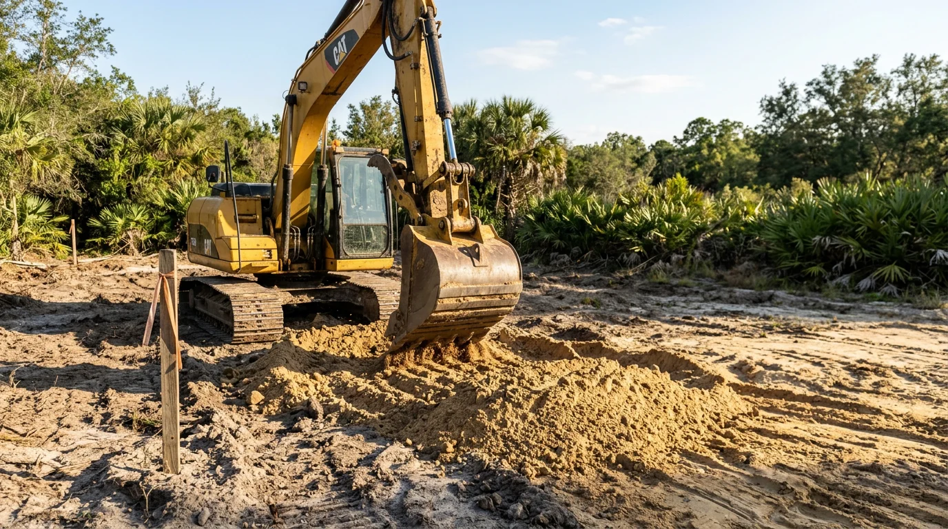 Excavator working a raw residential lot on the Brooksville Ridge in Hernando County, Florida, with sandy soil and scrub vegetation visible in the background.