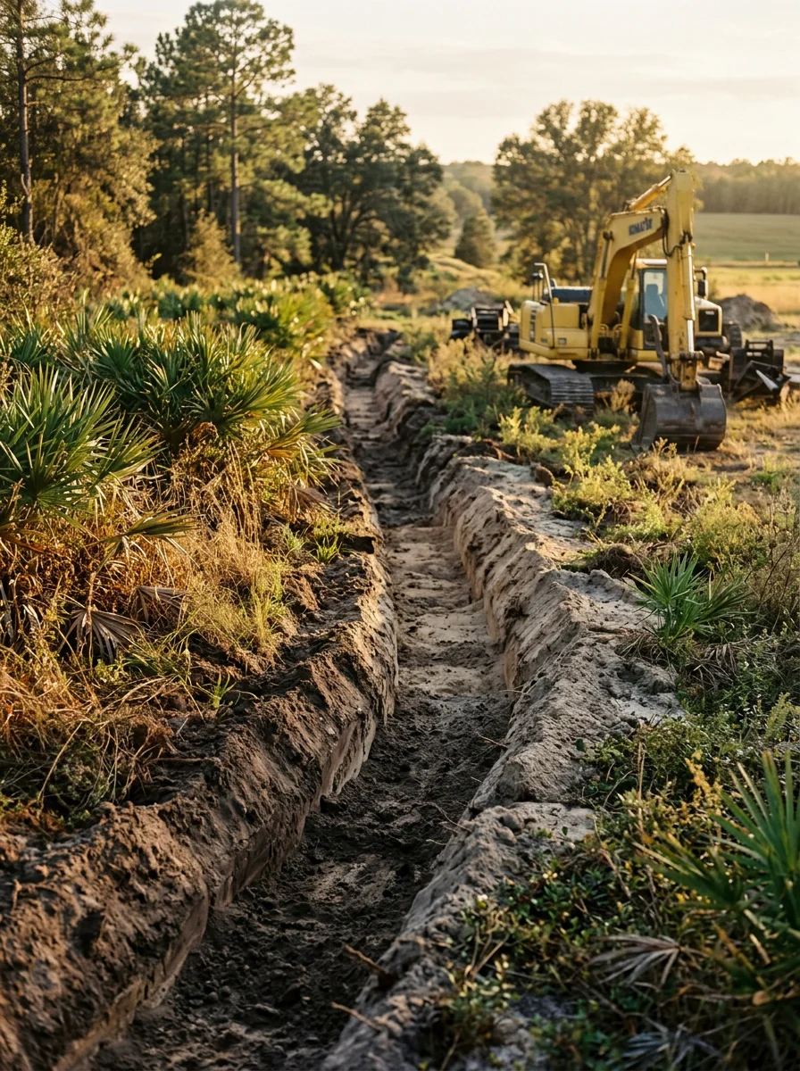 Drainage trenching and grading work on a Lake County property with proper slope management for summer storm runoff