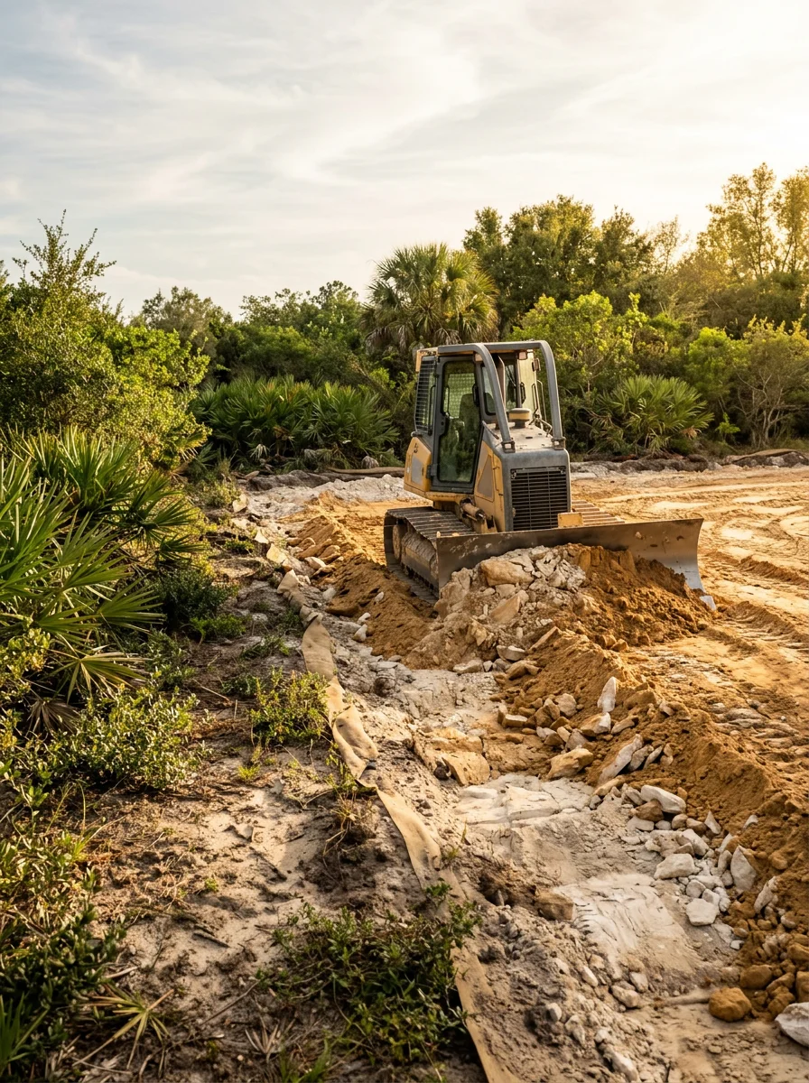 Excavation equipment grading a residential lot in Marion County with limestone bedrock visible and drainage considerations