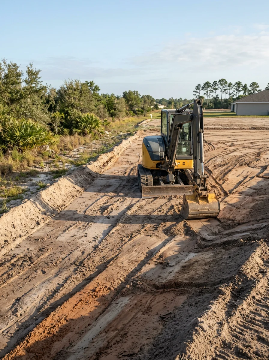 Excavation equipment grading a residential lot in Pasco County with seasonal drainage considerations