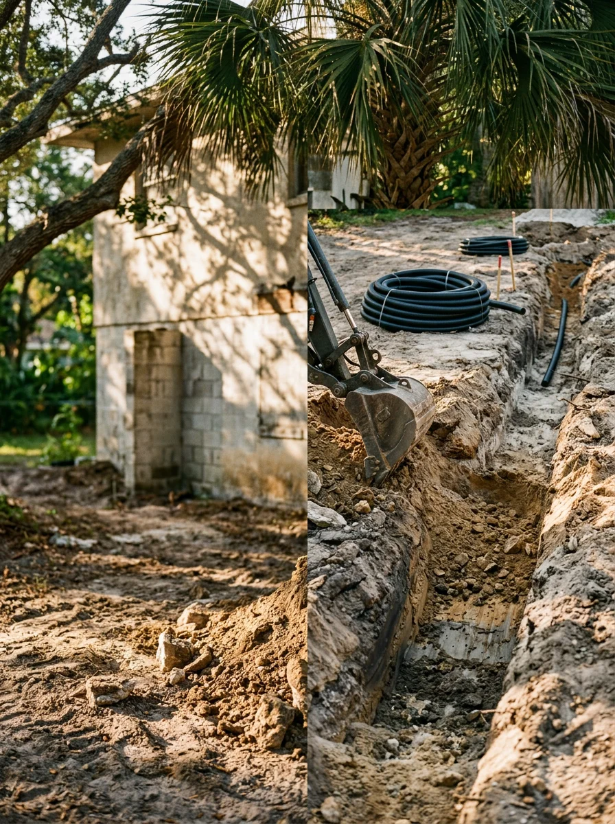 Foundation digging and site preparation work on an older Pinellas County home with drainage trenching in progress