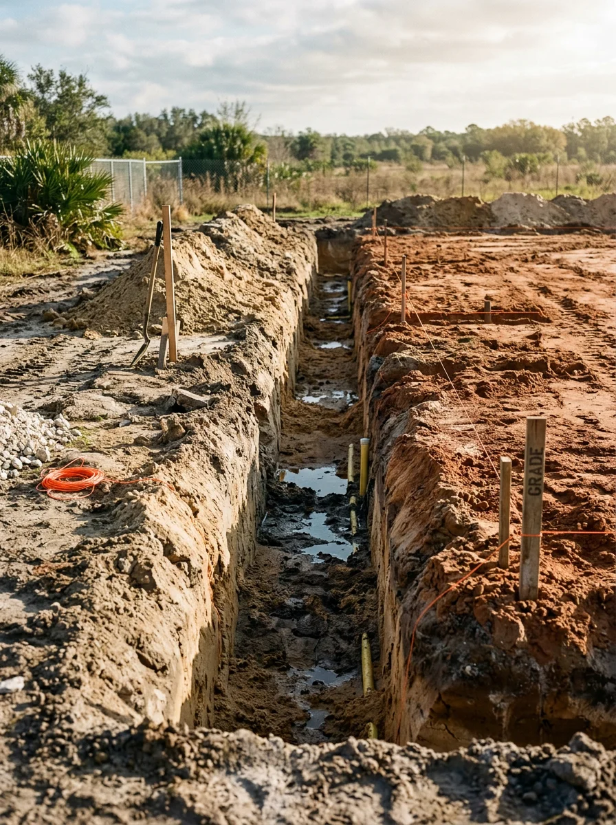 Drainage trench and foundation excavation in Polk County showing shallow water table and proper site preparation