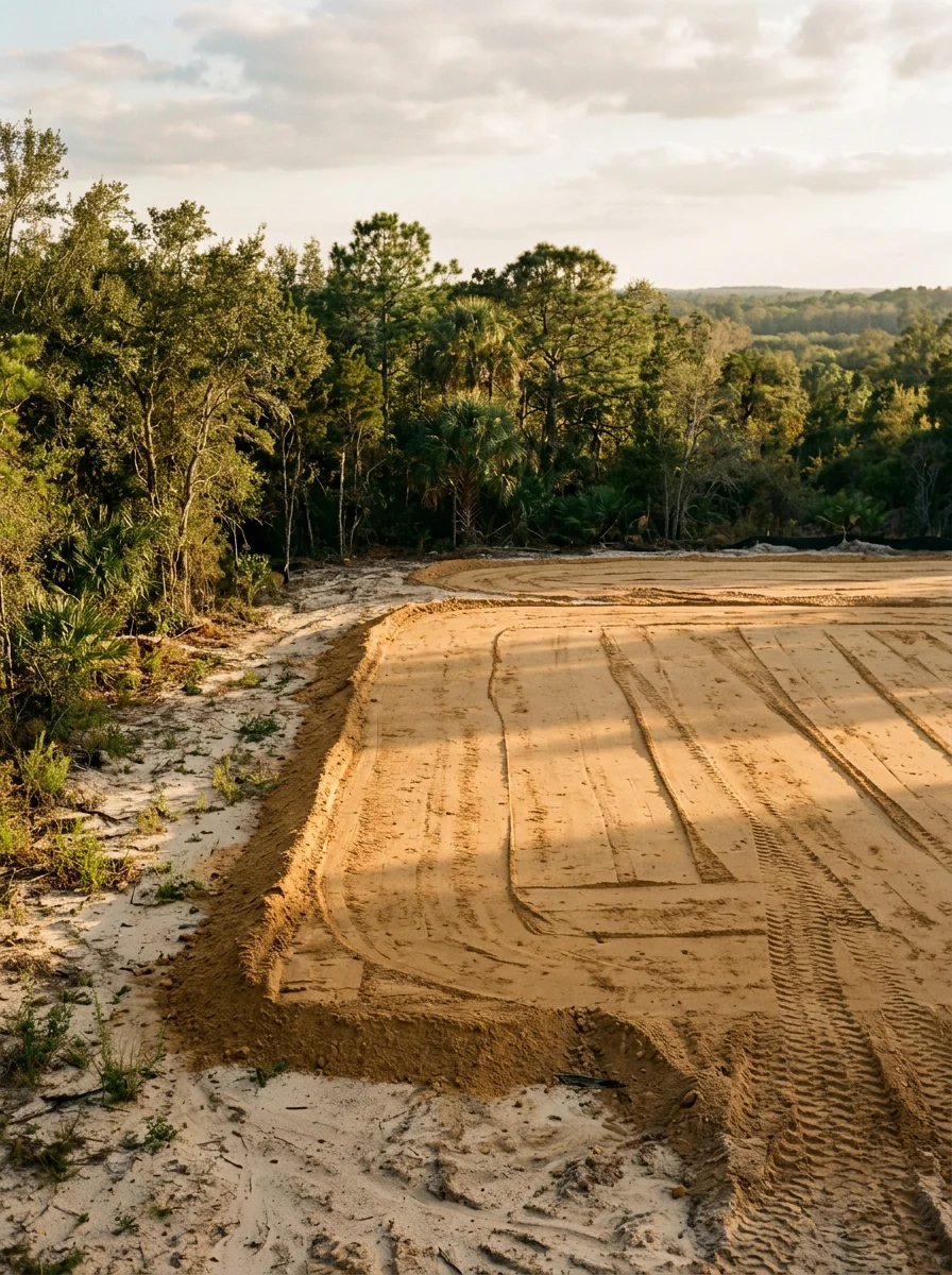 Graded residential pad on a Ridge Manor, FL lot near the Withlacoochee River showing raised fill elevation and cleared tree line along the property boundary.