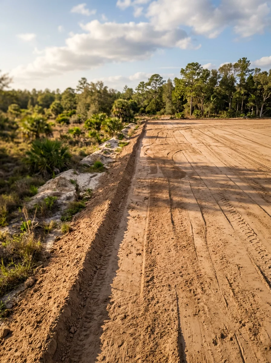 Freshly graded building pad on a Spring Hill, FL lot showing smooth compacted soil surface ready for foundation work.