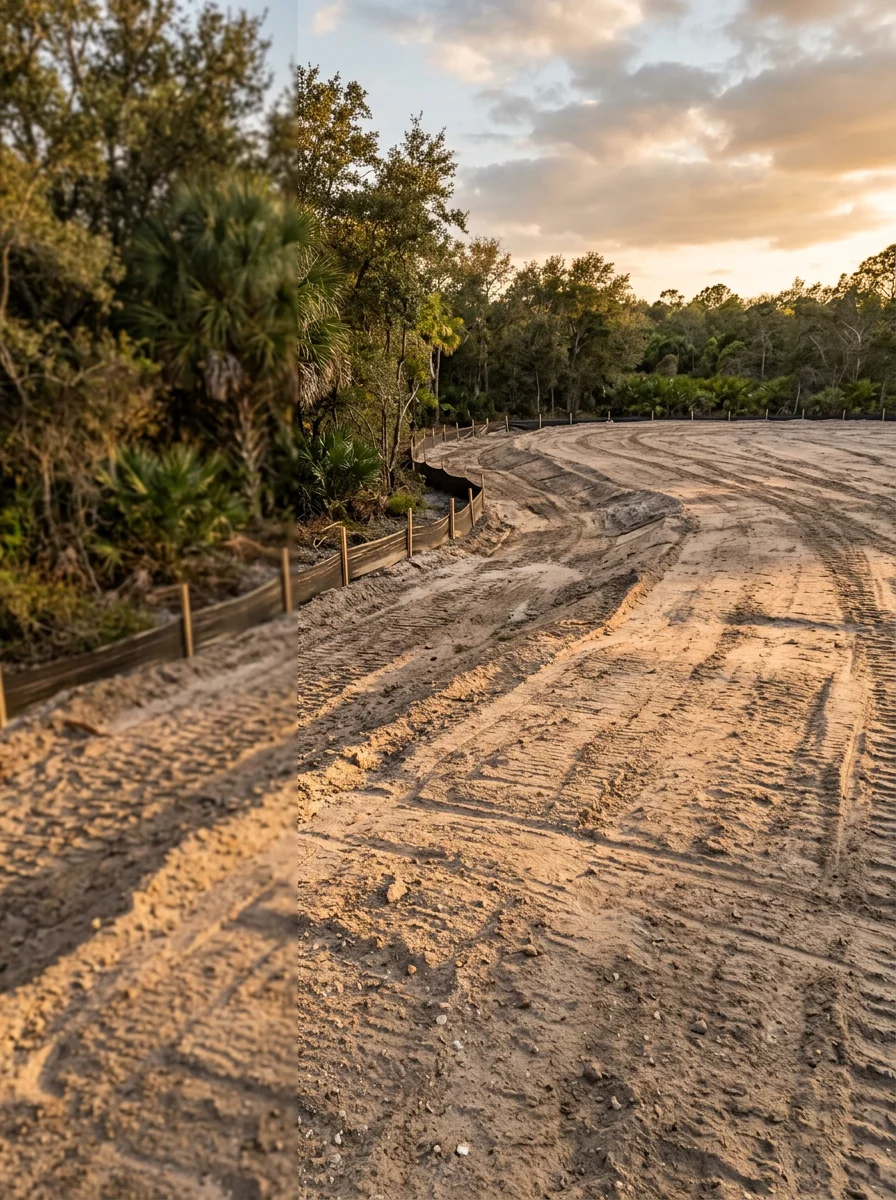 Graded building pad on a Weeki Wachee, FL upland lot with cleared scrub vegetation along the property boundary and sandy soil surface ready for construction.