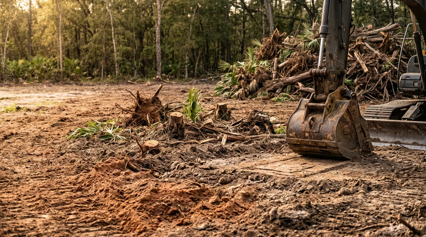 A cleared commercial lot in Hernando County, Florida, with trees, stumps, and dense palmetto vegetation fully removed, leaving a flat, open site ready for construction equipment.