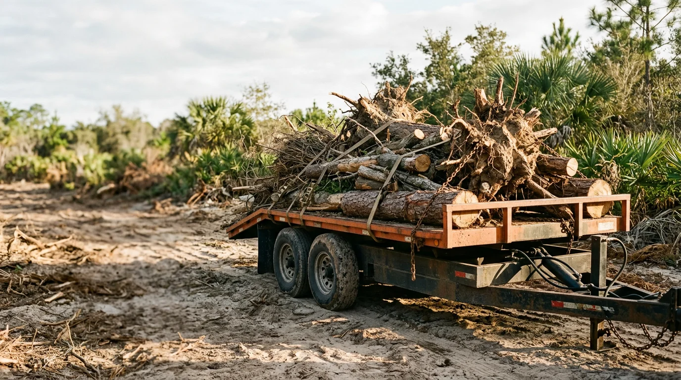 A cleared Hernando County property with a pile of logs, stumps, and brush loaded onto a hauling truck. The surrounding land is open and flat after debris removal.
