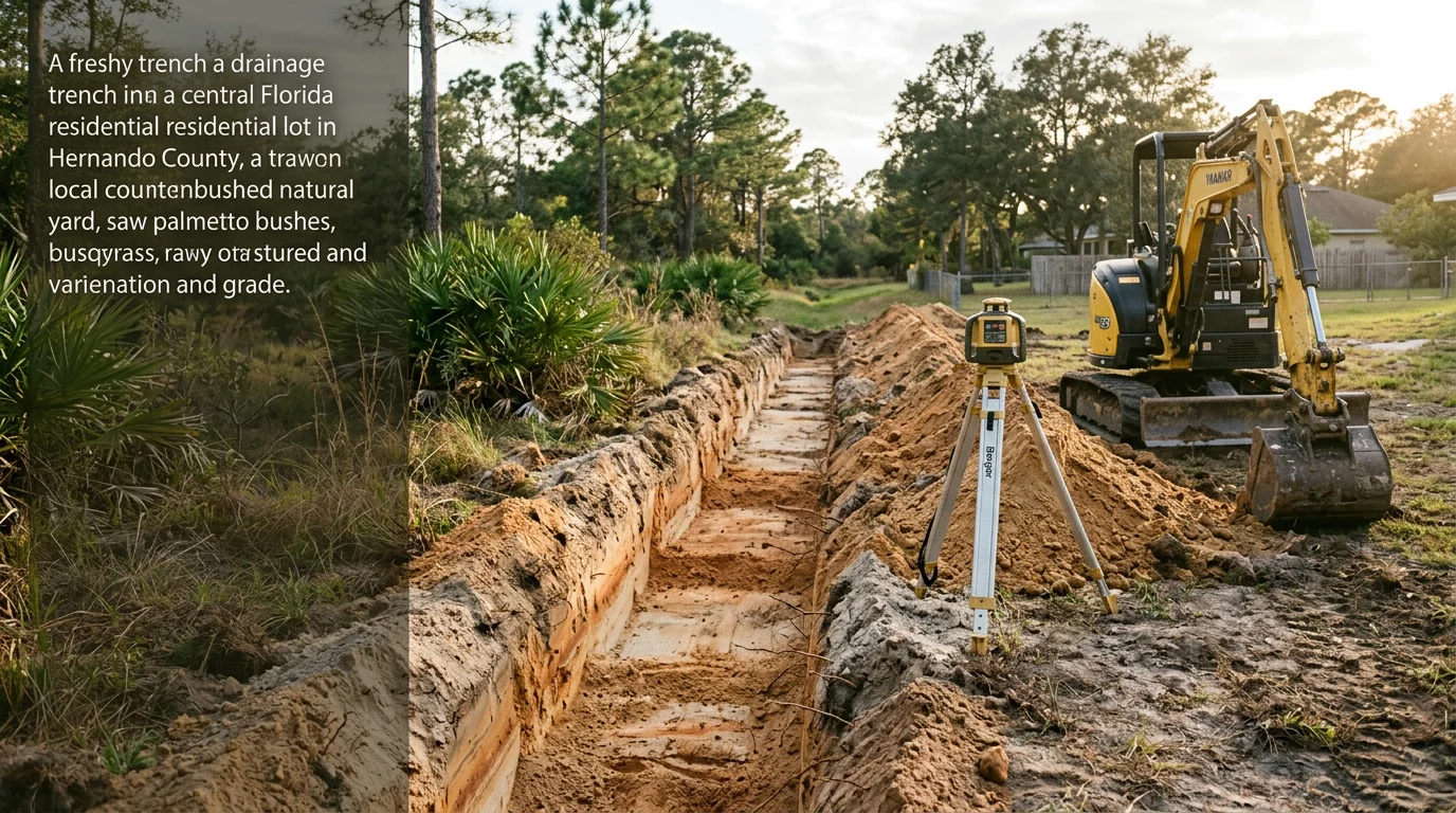 An excavator digging a drainage swale across a flat residential yard in Hernando County, Florida, with freshly turned soil showing the graded channel cut to direct stormwater runoff away from the home.