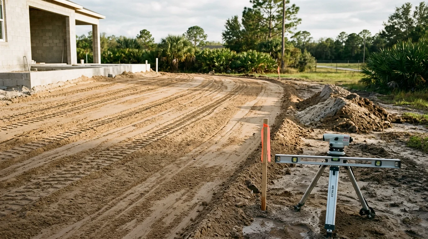 A freshly graded residential driveway in Hernando County, Florida, with a smooth, even surface and visible slope directing water away from the home. Surrounding sandy soil and Florida vegetation frame the graded driveway approach.