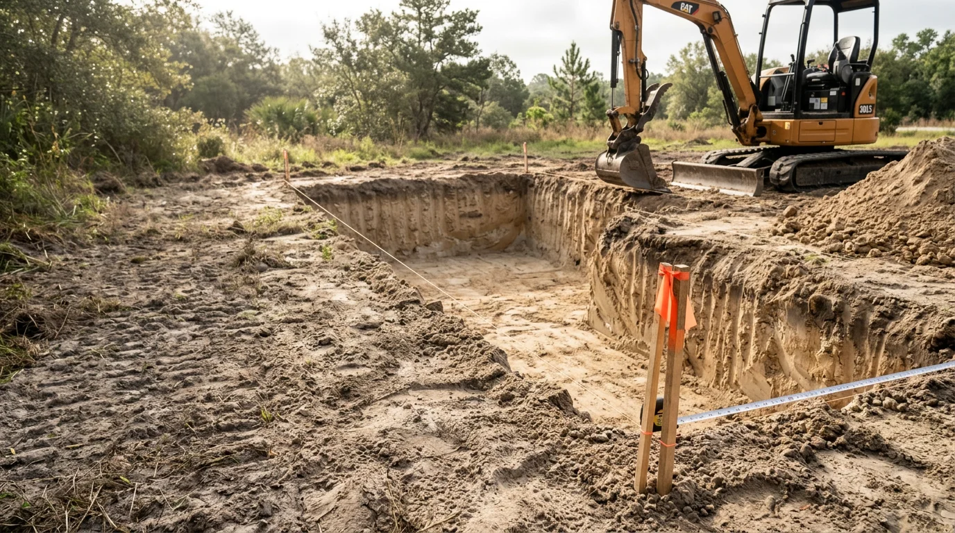 An excavator digging a rectangular foundation hole on a residential lot in Hernando County, Florida, with sandy soil visible along the cut walls and cleared land surrounding the excavation site.