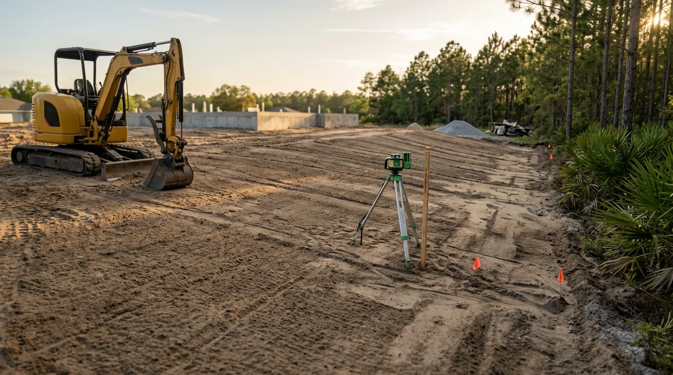 A freshly graded residential lot in Hernando County, Florida, with smoothly shaped soil sloping away from the building pad. Heavy equipment tracks are visible across the cleared surface, showing recent grading work completed by Poyers Outdoor Services LLC.