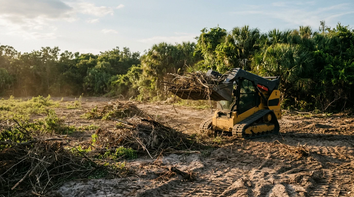 A Hernando County residential lot before and after overgrown property cleanup, showing dense palmetto brush and vines cleared to reveal open, accessible ground. Poyers Outdoor Services LLC land clearing work in Spring Hill, Florida.