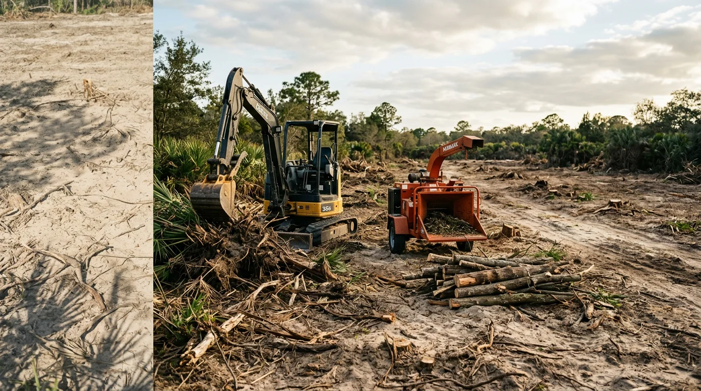 A cleared residential lot in Hernando County, Florida, with trees and dense palmetto removed to reveal open, level ground. A single-family home or vacant homesite is visible in the background against a clear sky.