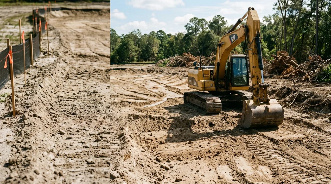 A tracked excavator clearing and grading a raw parcel in Hernando County, Florida, with exposed sandy soil and removed vegetation piled to the side. The leveled ground is prepared for residential construction with the tree line visible in the background.