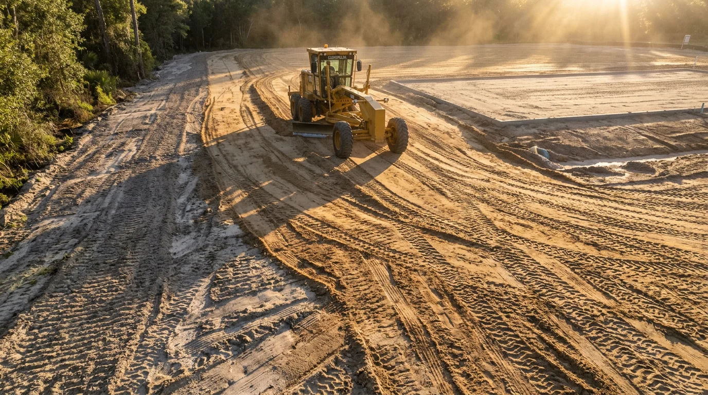 A grading contractor levels and compacts raw land on a residential lot in Hernando County, Florida, with exposed soil shaped to direct water away from the future foundation. Heavy equipment moves across the cleared site during the site preparation grading phase.