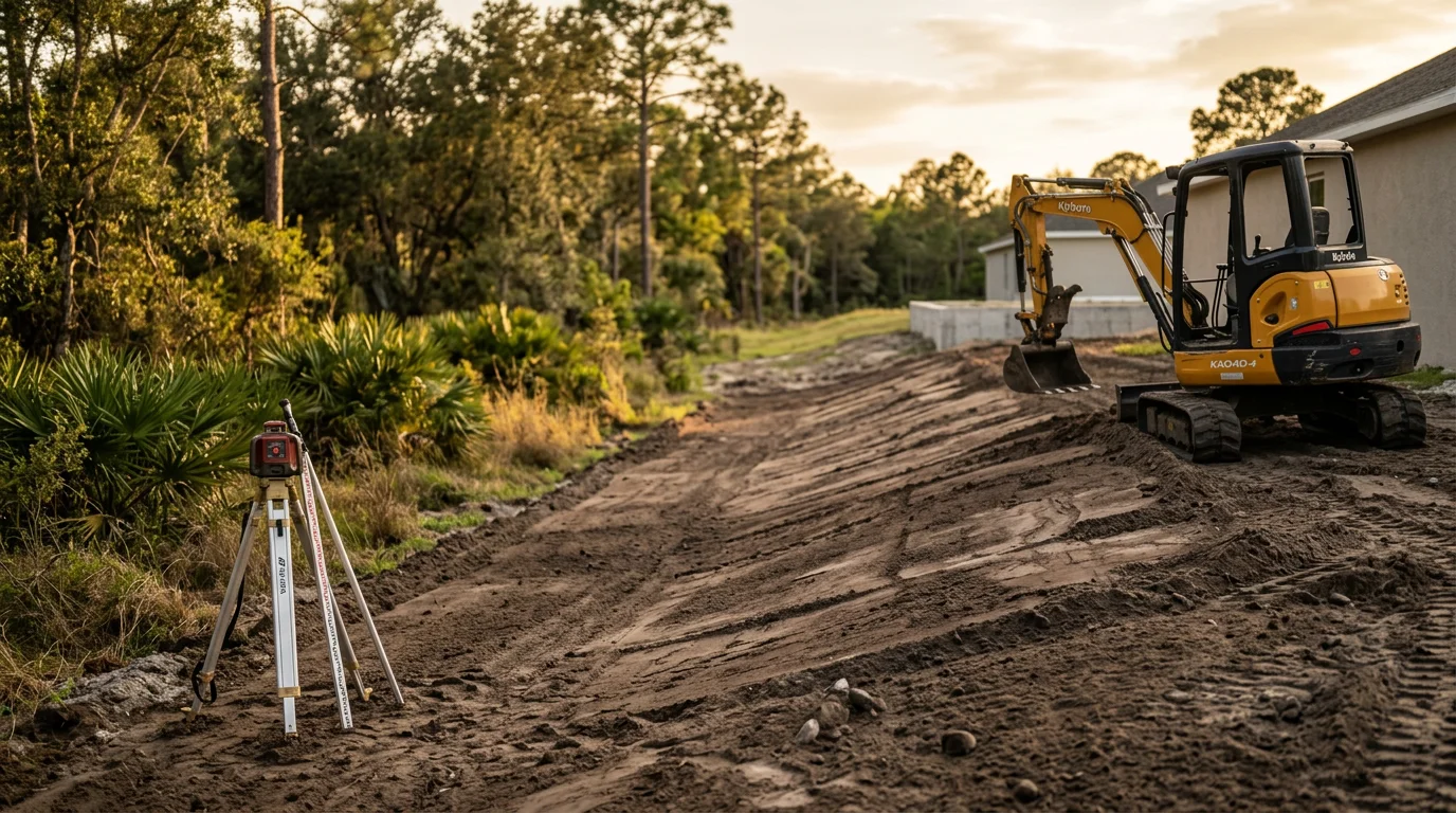 A graded slope on a Hernando County residential property showing smooth, compacted soil angled away from the home's foundation. The reshaped grade directs surface water toward the yard's edge with no visible low spots or erosion channels.