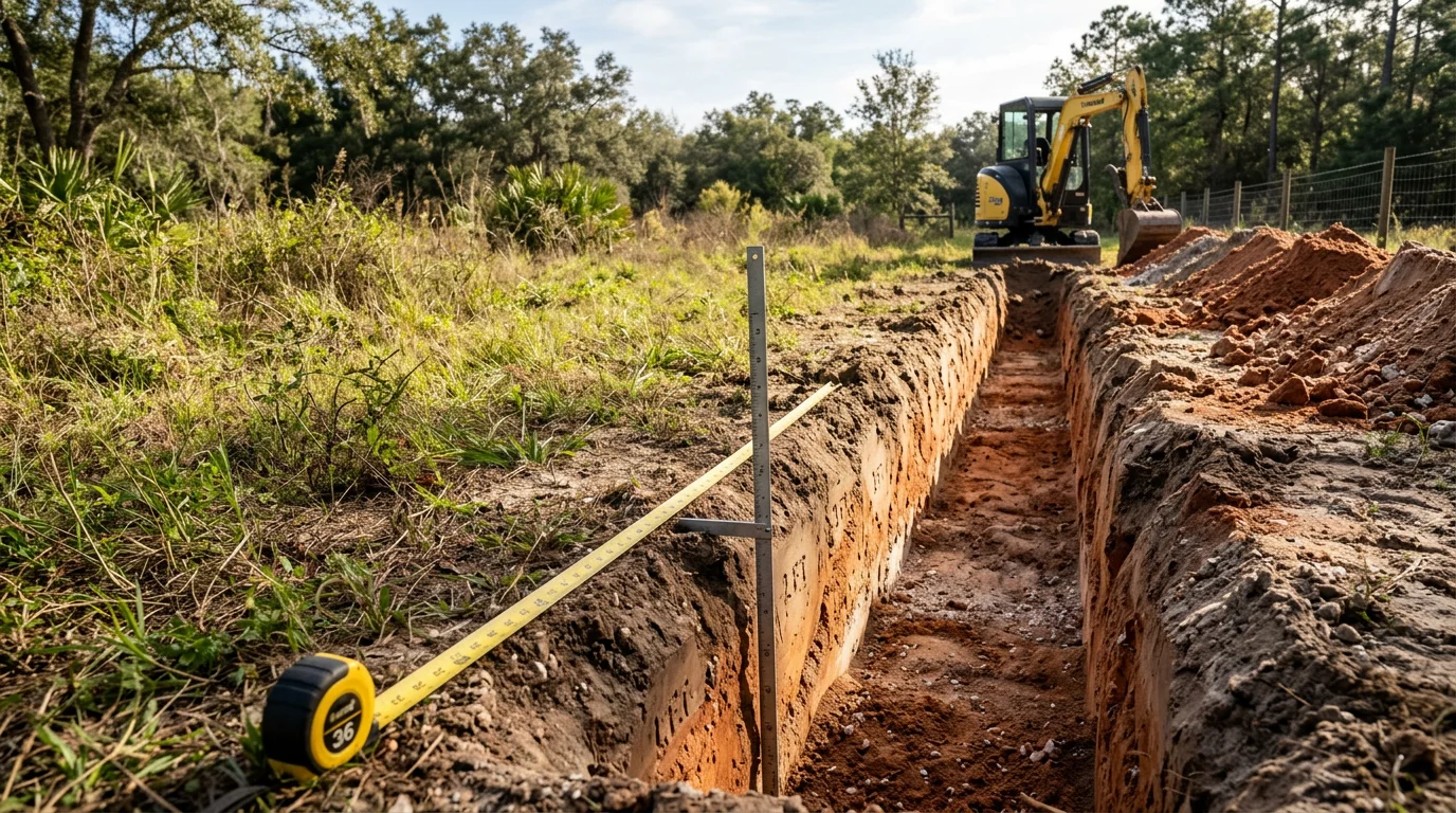 A clean, narrow trench cut through a residential property in Hernando County, Florida, with straight walls and undisturbed surrounding lawn. An excavation machine sits alongside the open trench on a clear day.